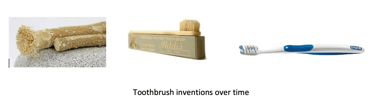A sequence showing the evolution of manual toothbrushes: a traditional miswak twig, an antique Addis toothbrush in its box, and a modern Oral-B plastic toothbrush.